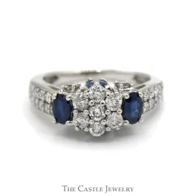 1cttw Diamond Flower Cluster Engagement Ring with Sapphire & Diamond Accents in 10k White Gold