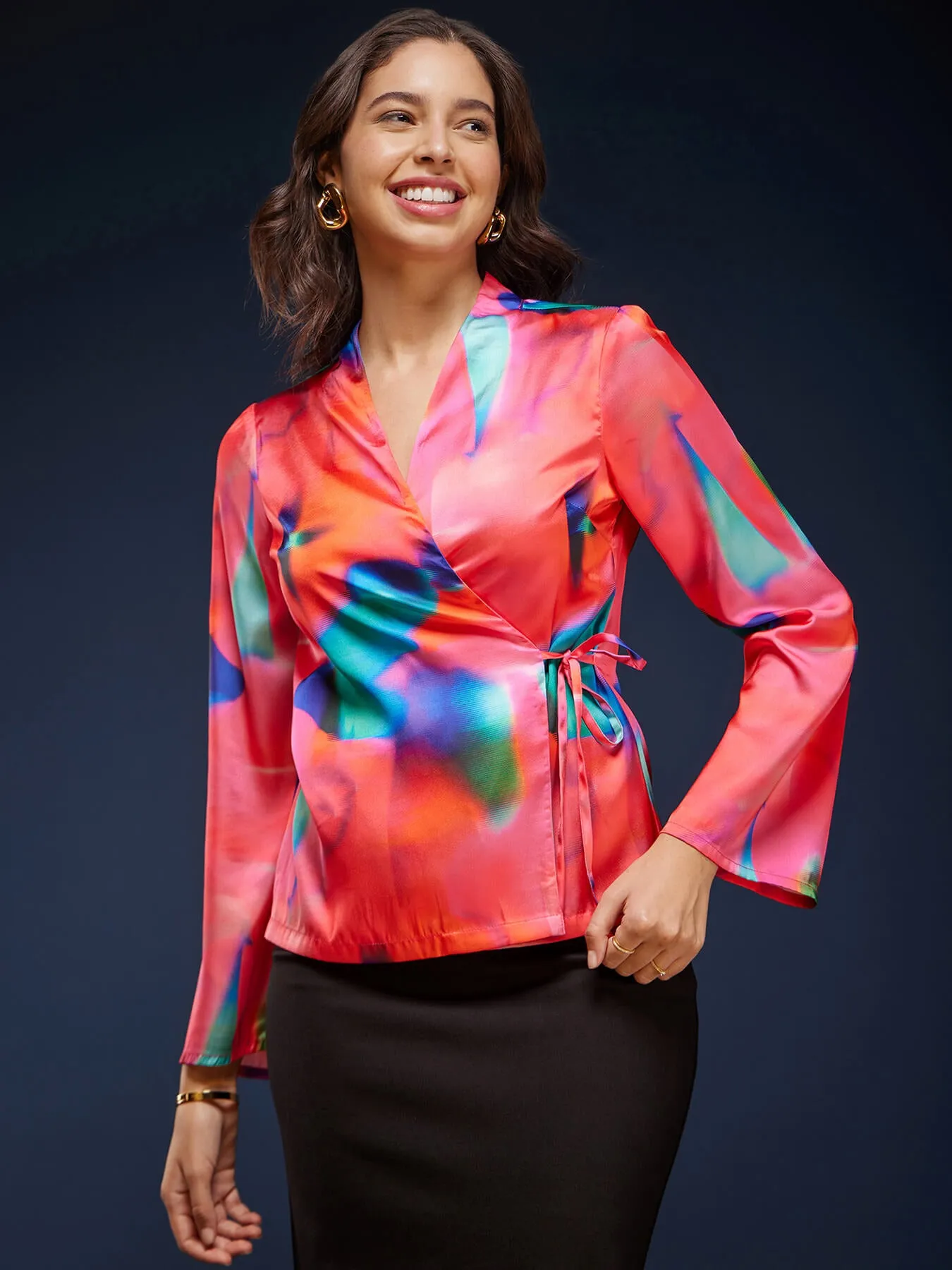 Abstract Print Satin Top - Multicolour