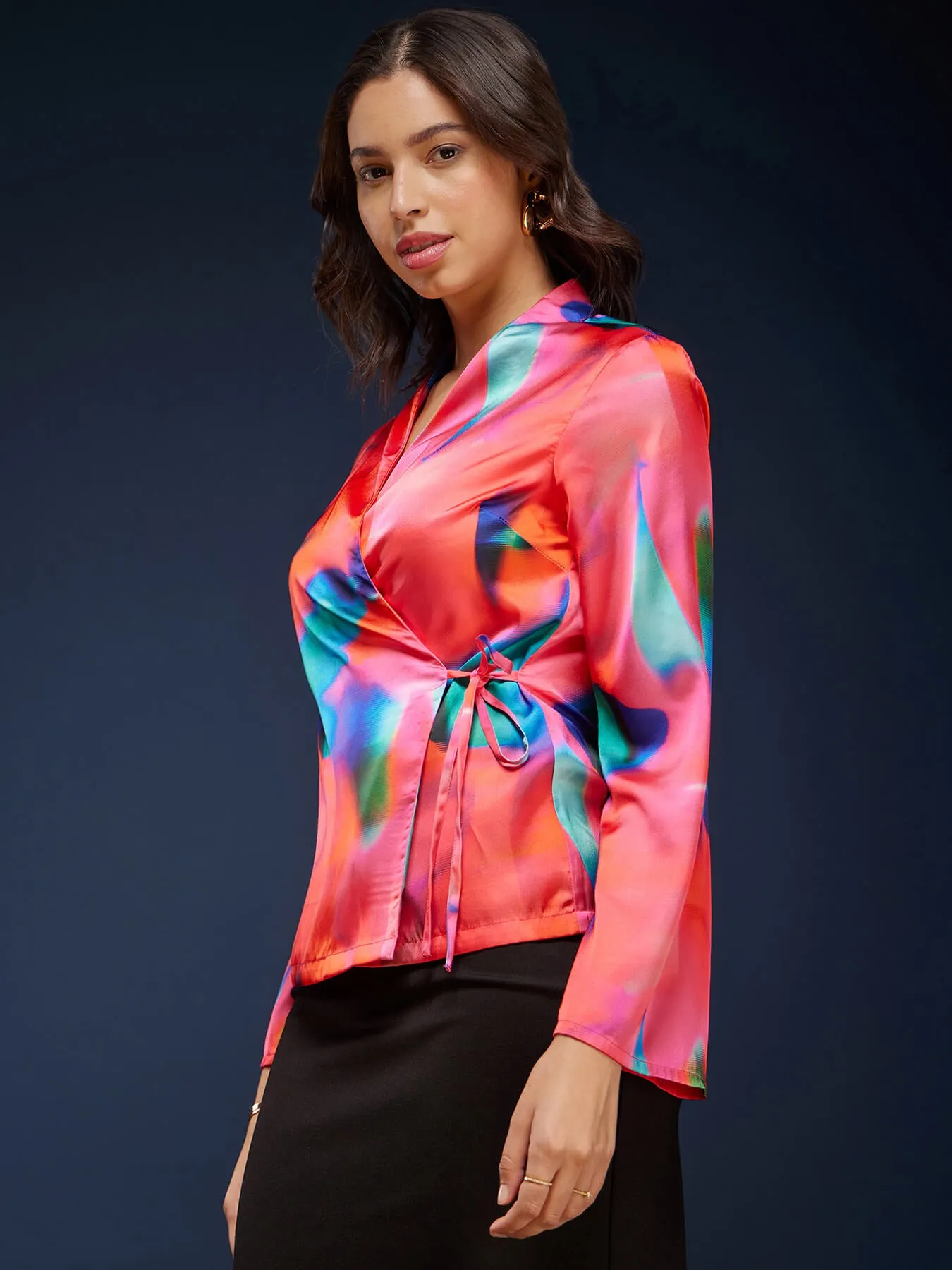 Abstract Print Satin Top - Multicolour