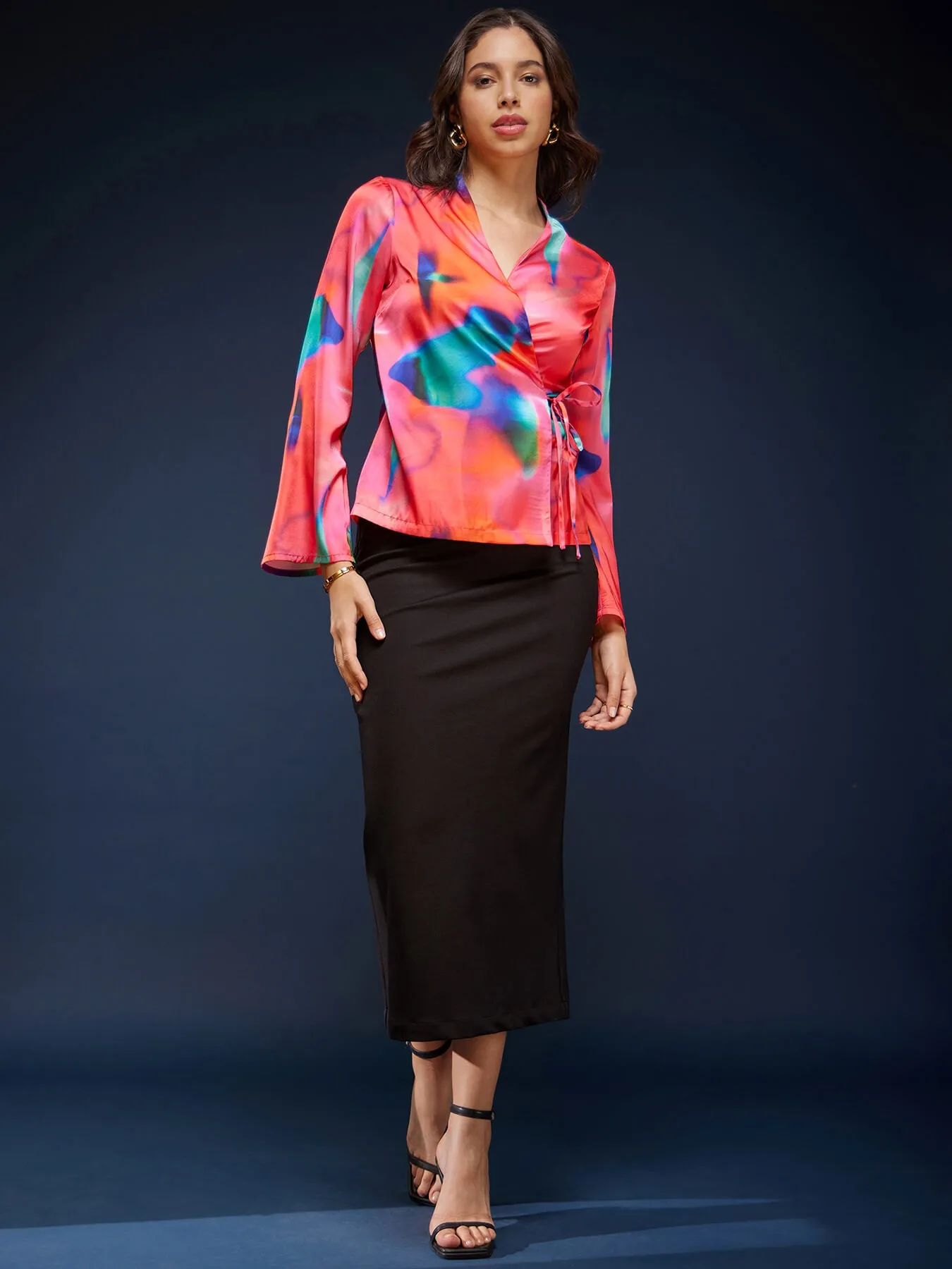 Abstract Print Satin Top - Multicolour