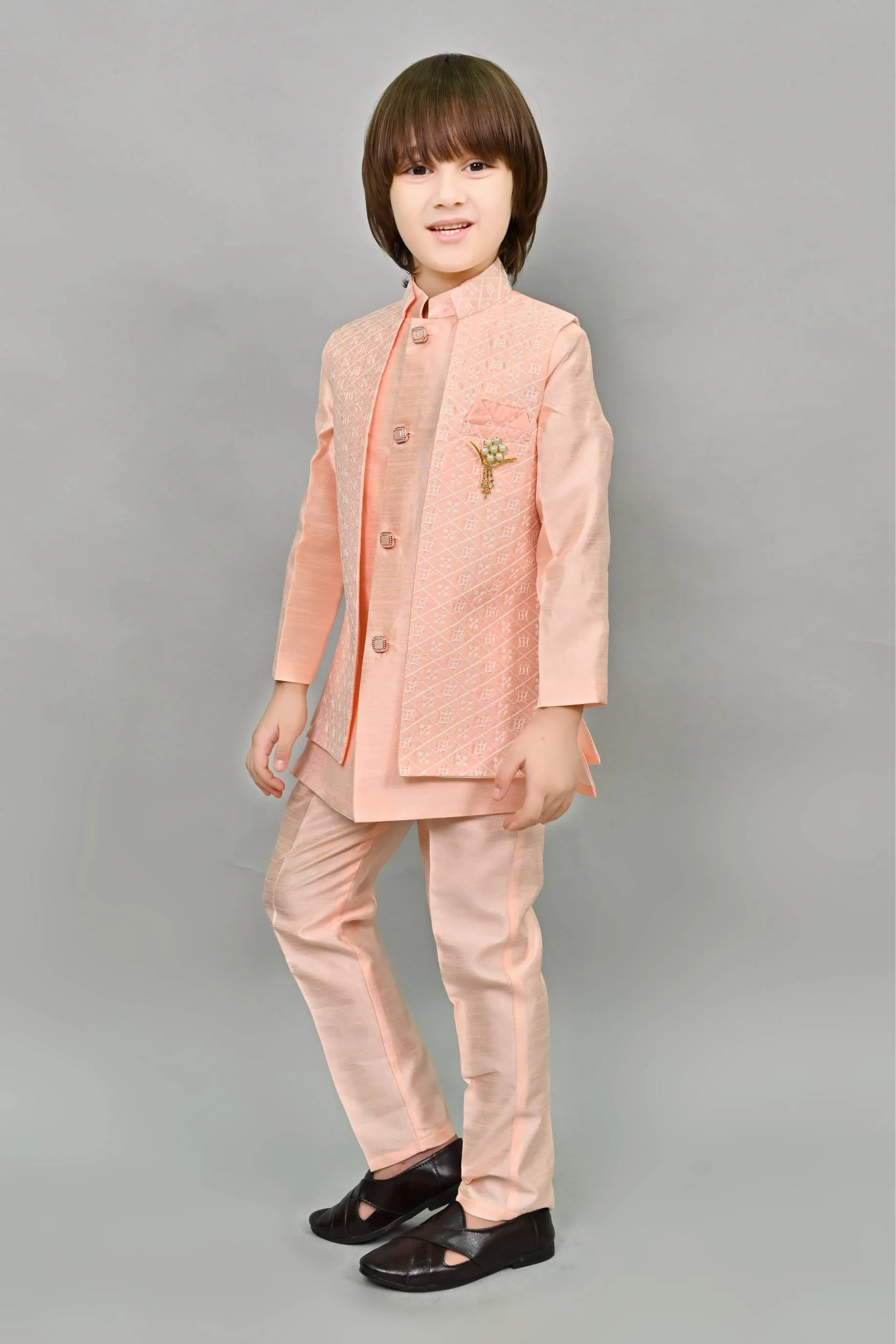 Ahhaaaa Kids Ethnic Embroidered Indo-Western Kurta, Pajama and Waistcoat Set for Boys