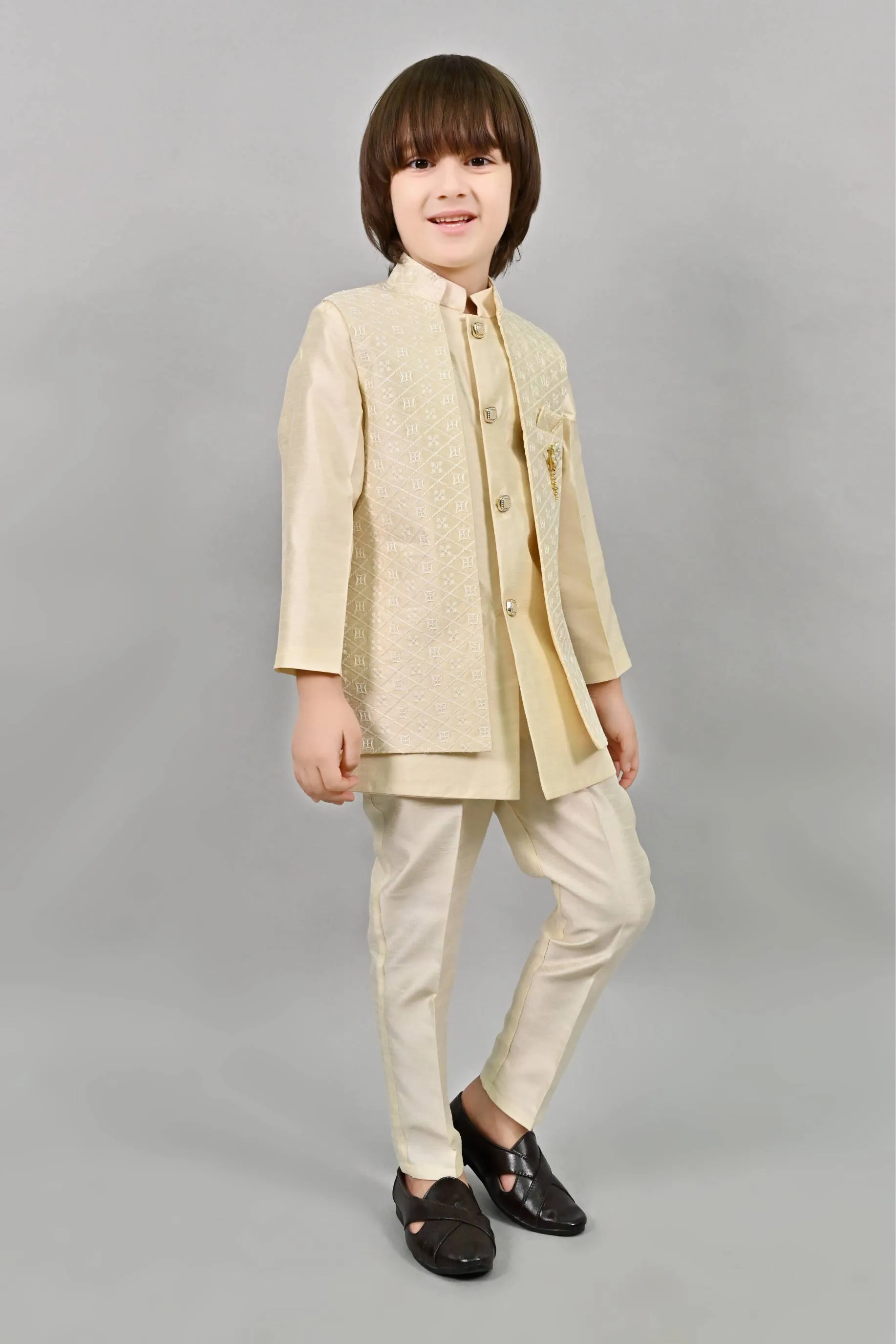 Ahhaaaa Kids Ethnic Embroidered Indo-Western Kurta, Pajama and Waistcoat Set for Boys