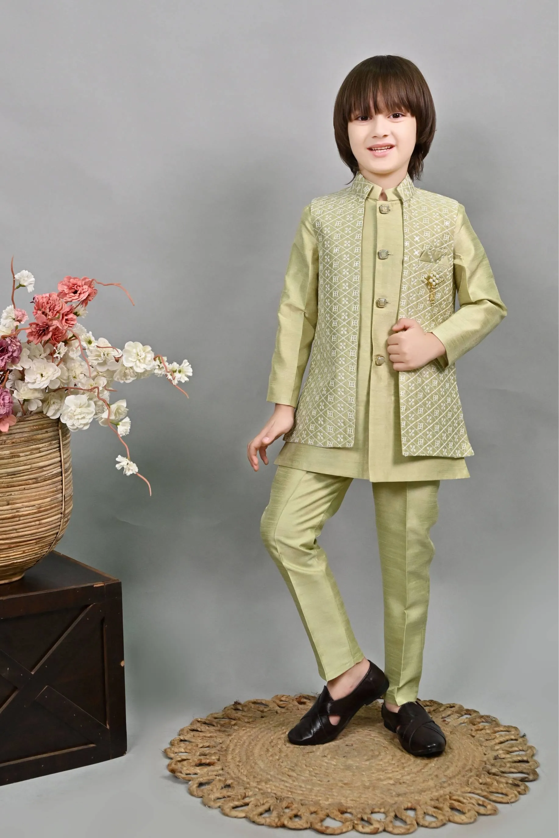 Ahhaaaa Kids Ethnic Embroidered Indo-Western Kurta, Pajama and Waistcoat Set for Boys