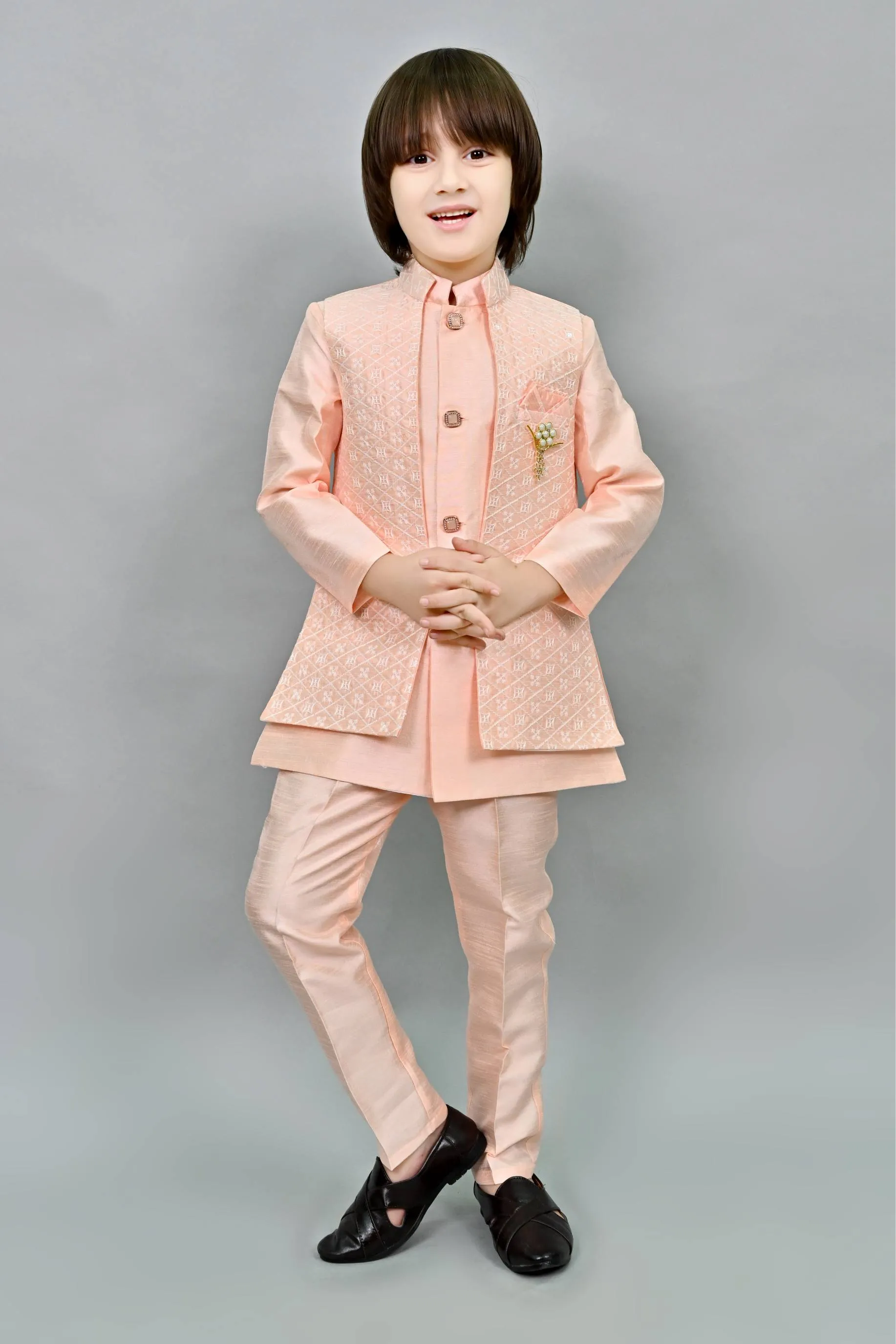 Ahhaaaa Kids Ethnic Embroidered Indo-Western Kurta, Pajama and Waistcoat Set for Boys