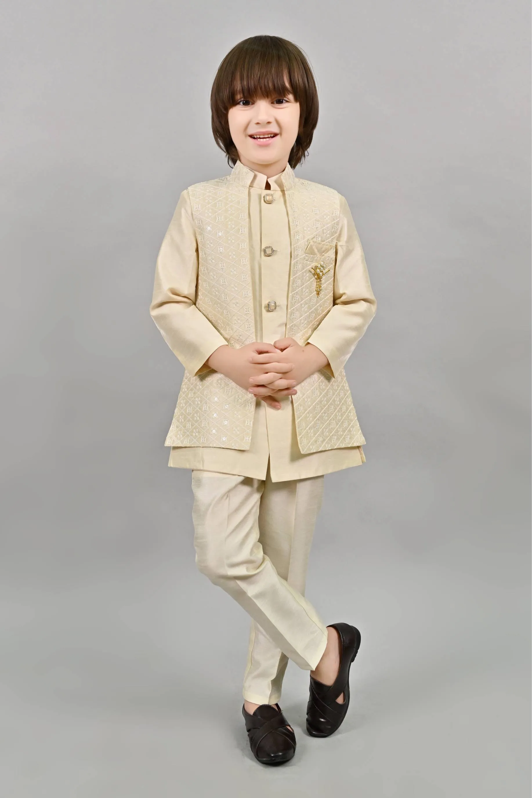 Ahhaaaa Kids Ethnic Embroidered Indo-Western Kurta, Pajama and Waistcoat Set for Boys