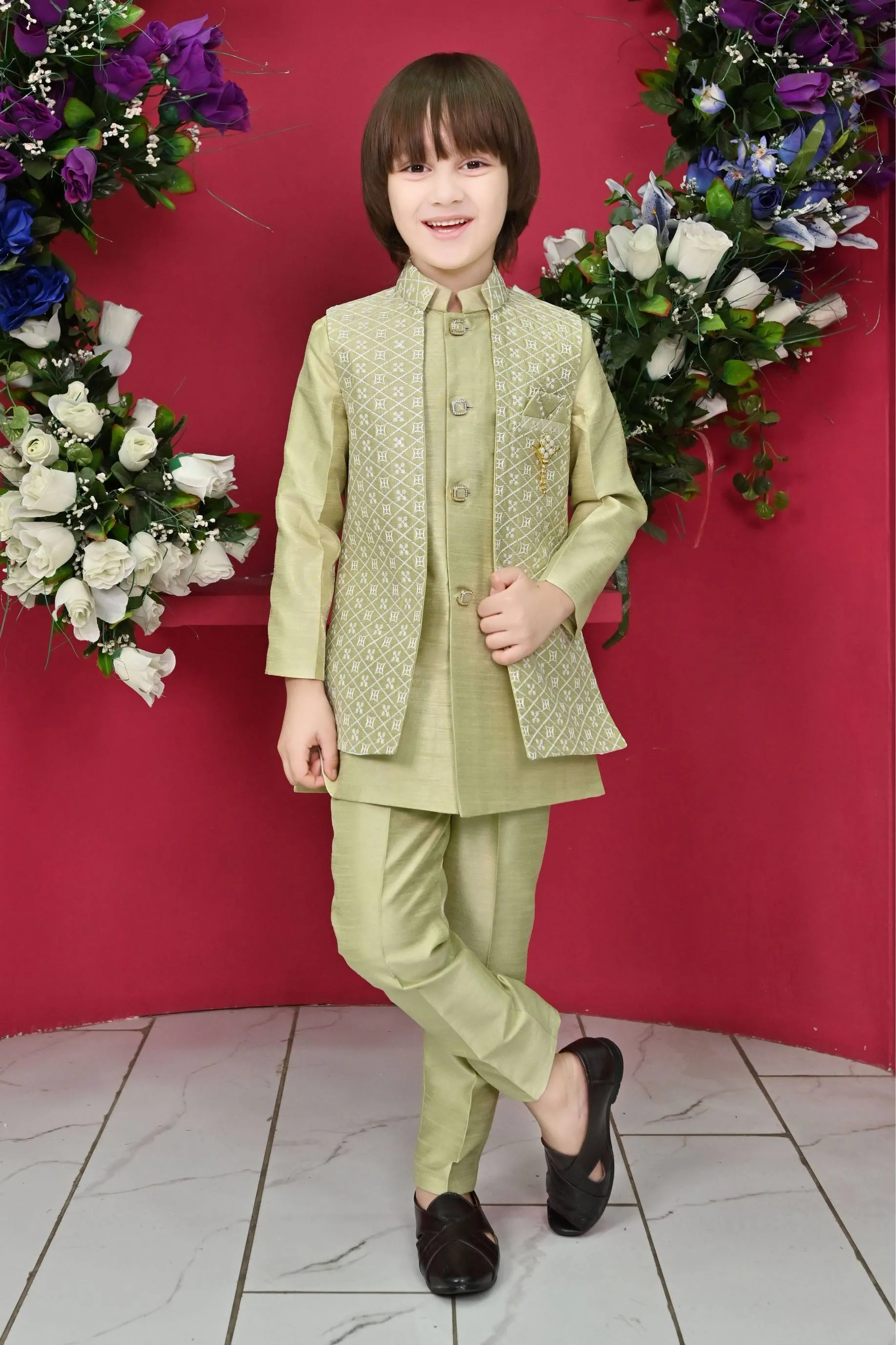 Ahhaaaa Kids Ethnic Embroidered Indo-Western Kurta, Pajama and Waistcoat Set for Boys