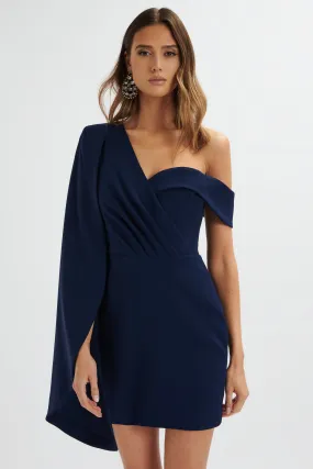 AIZA Asymmetric Cape Mini Dress In Navy