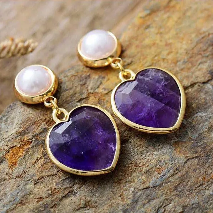 Amethyst Hearts Dangle Earrings