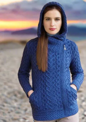 Aran Crafts Side Zip Hooded Cardigan | Blue