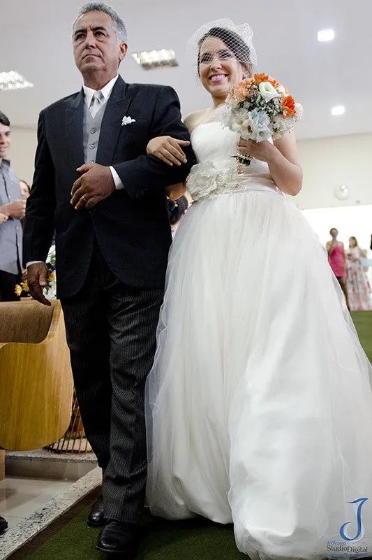 Asymetrical One Shoulder Princess Tulle Ball Gown with Flower Sash