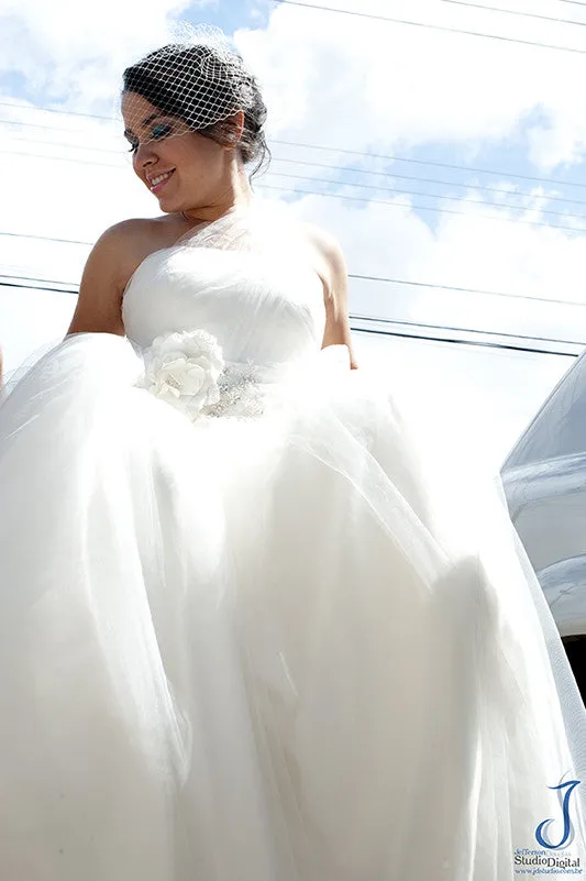 Asymetrical One Shoulder Princess Tulle Ball Gown with Flower Sash