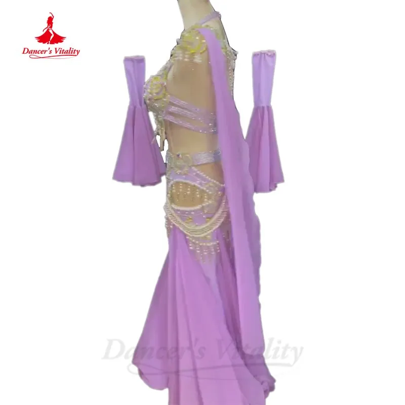 Belly Dance Costume Set High-End Custom Seinor Stones Bra long Skirt Sleeves 3pcs Female Oriental Belly Dancing Performance Suit