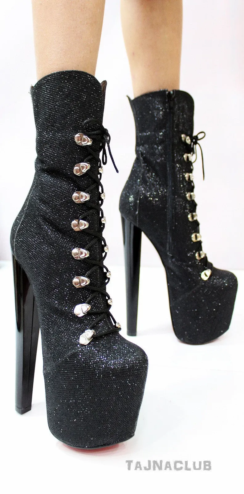 Black Glitter Lace Up High Heel Platform Boots