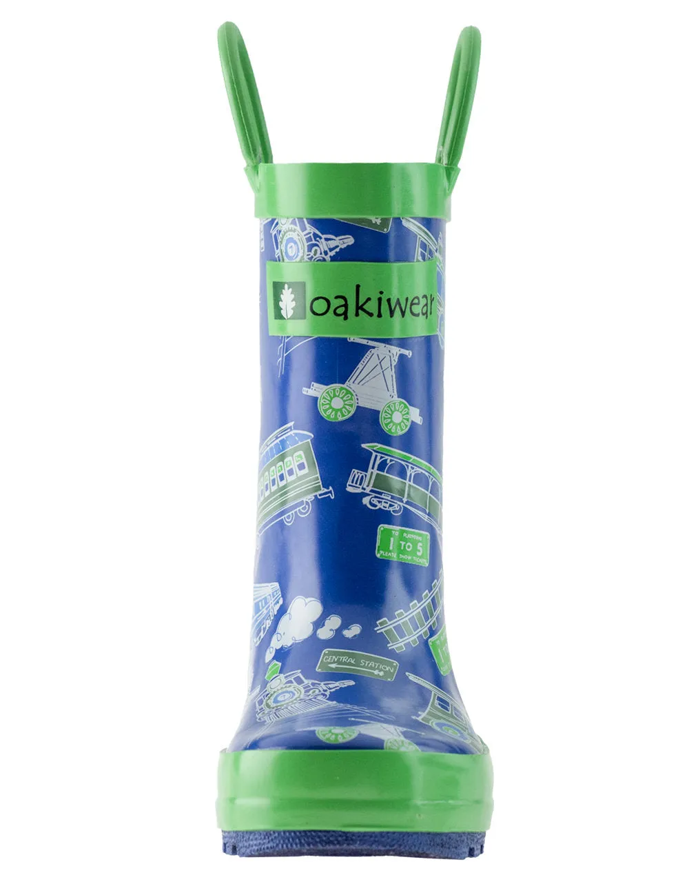 Blue & Green Trains Loop Handle Rubber Rain Boots