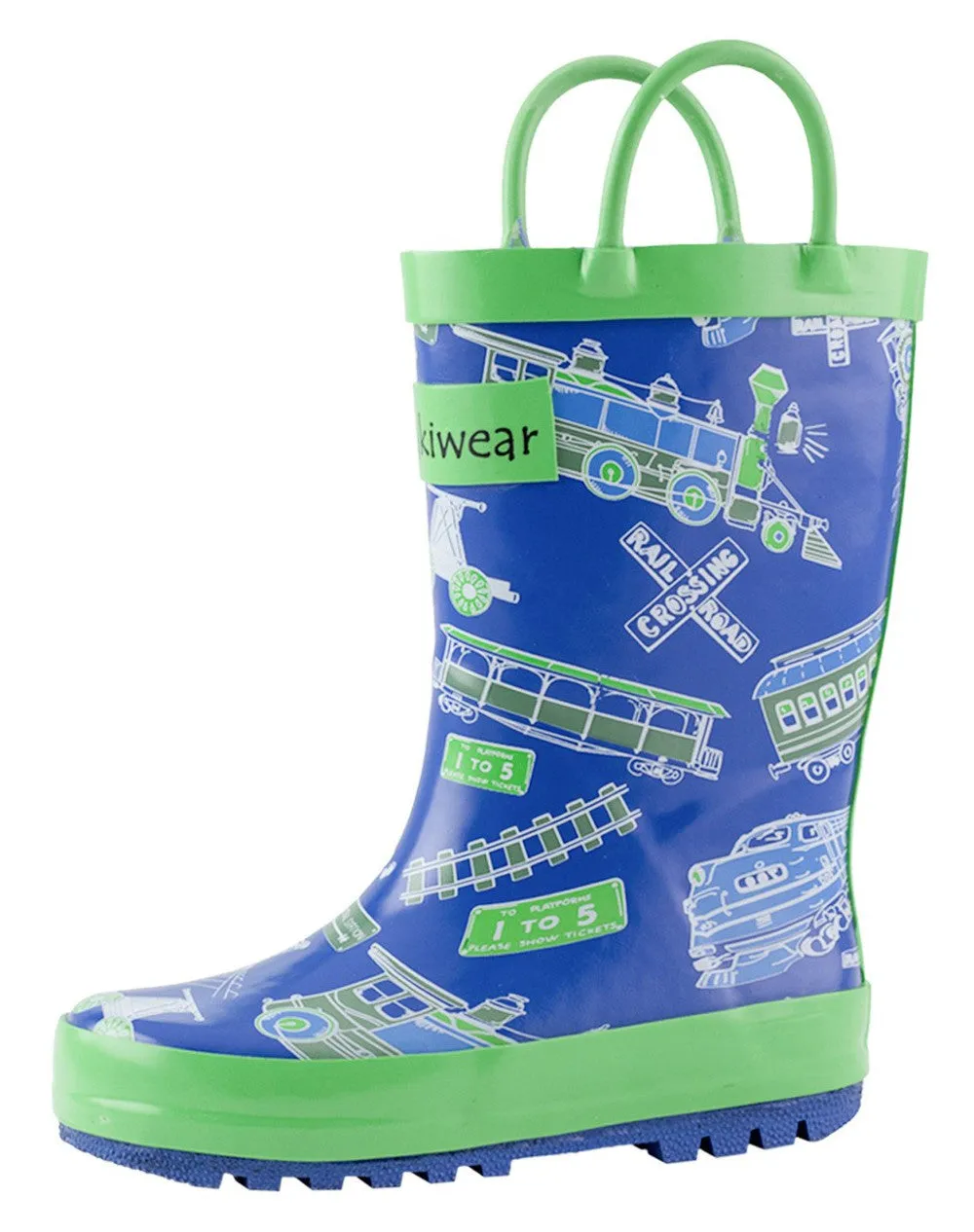 Blue & Green Trains Loop Handle Rubber Rain Boots