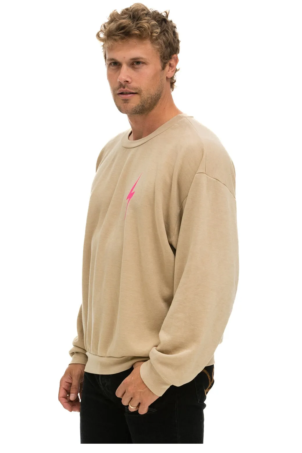 BOLT 2 RELAXED CREW SWEATSHIRT - SAND // NEON PINK