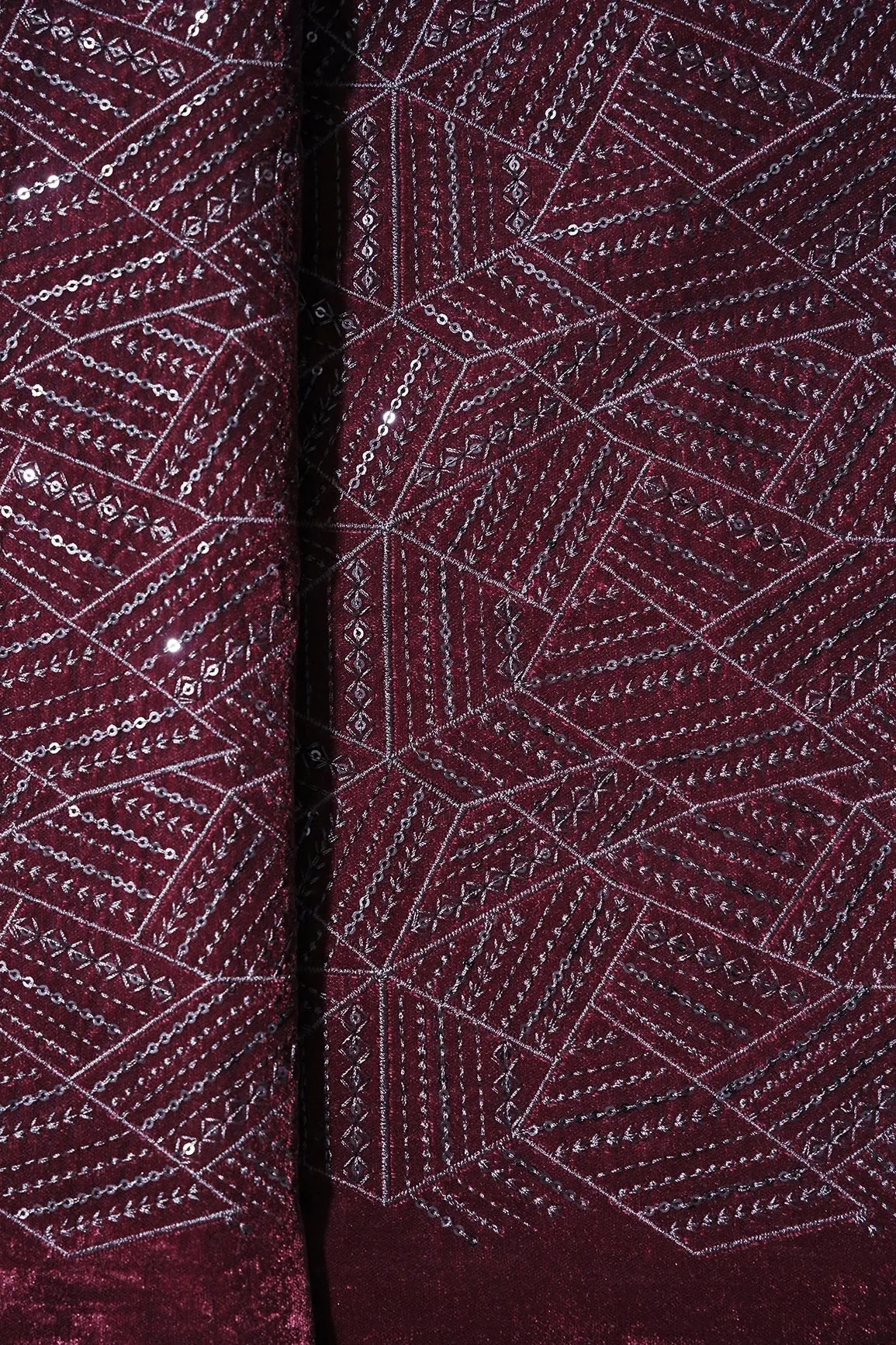 Brown Thread With Sequins Geometric Embroidery Work On Brown Velvet Fabric