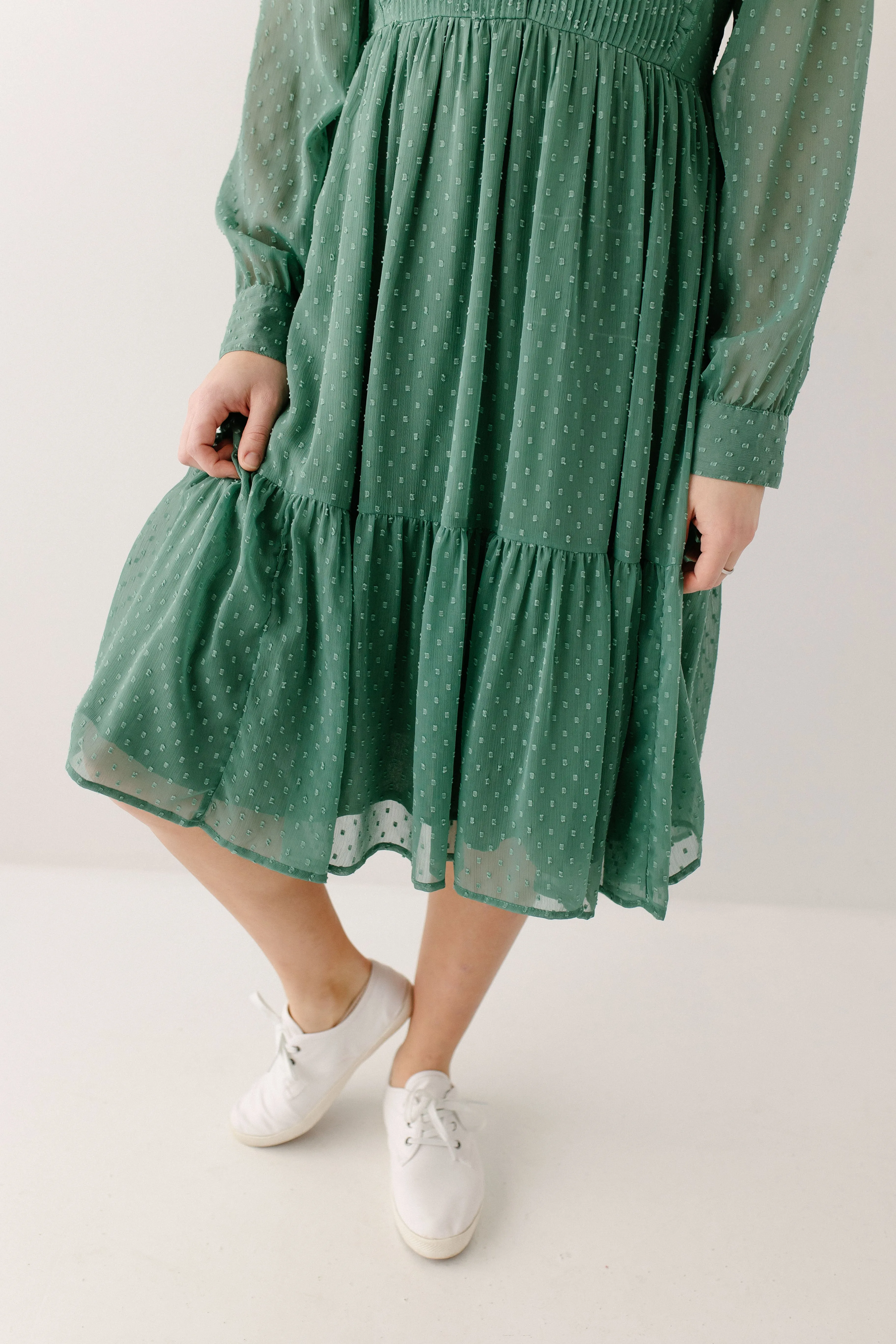 'Charmaine' Swiss Dot Pintuck Chiffon Midi Dress in Muted Jade FINAL SALE