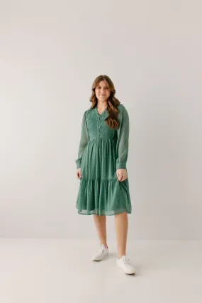 'Charmaine' Swiss Dot Pintuck Chiffon Midi Dress in Muted Jade FINAL SALE