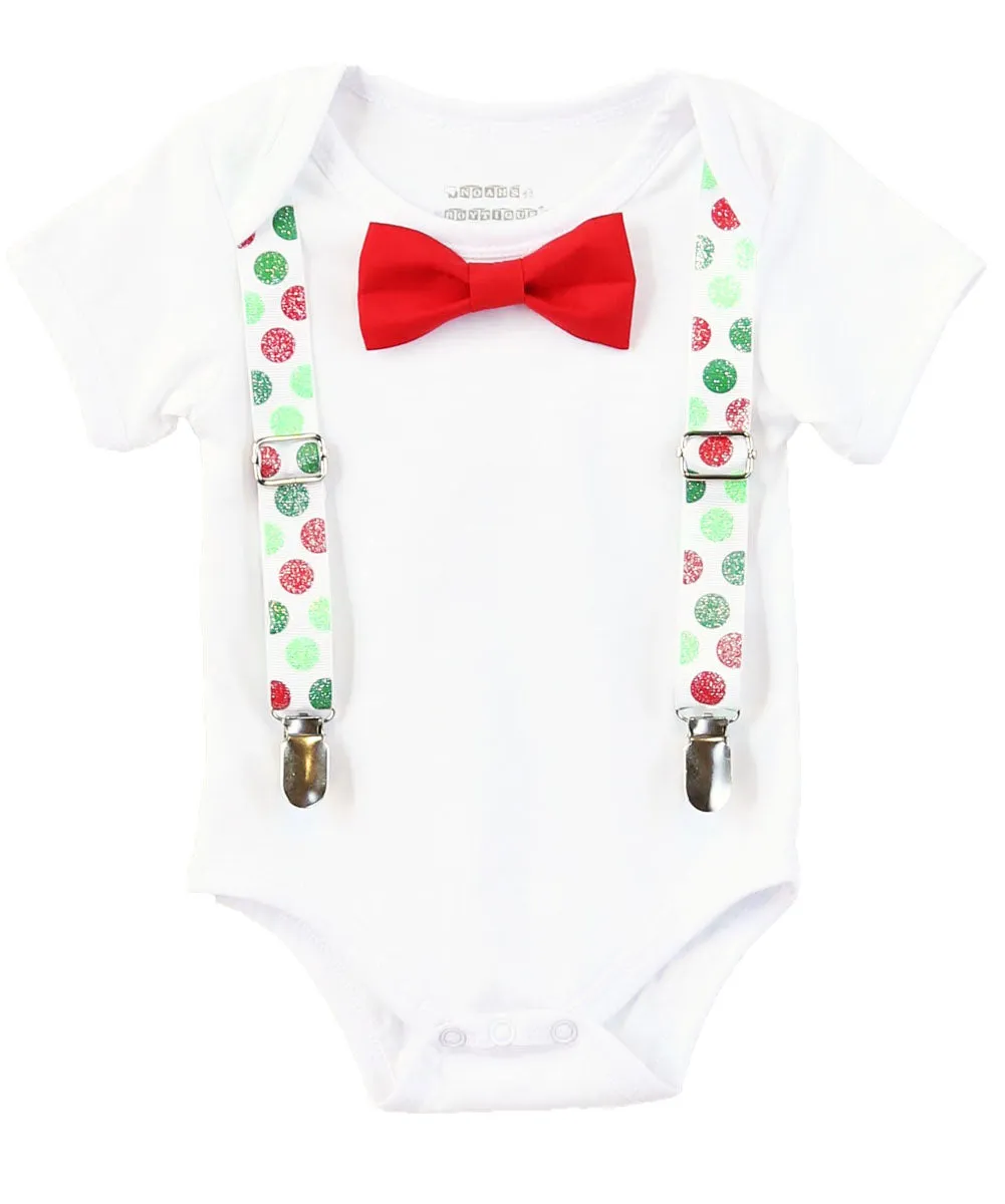 Christmas Outfit Baby Boy Red Green Dot Suspenders Red Bow Tie