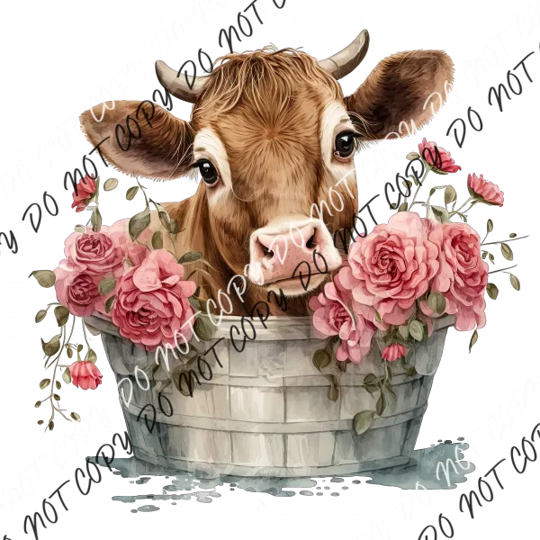 Cow Calf in Bucket with Pink Roses Watercolor DTF Transfer