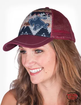 Cowgirl Tuff MAROON AZTEC TRUCKER CAP WITH BUCKIN' HORSE PATCH