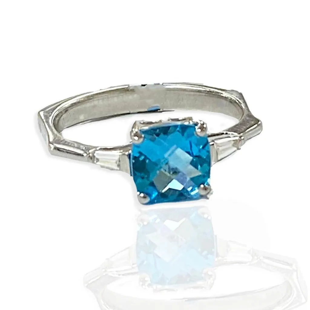 Cushion Blue Topaz and Diamond Baguette Ring