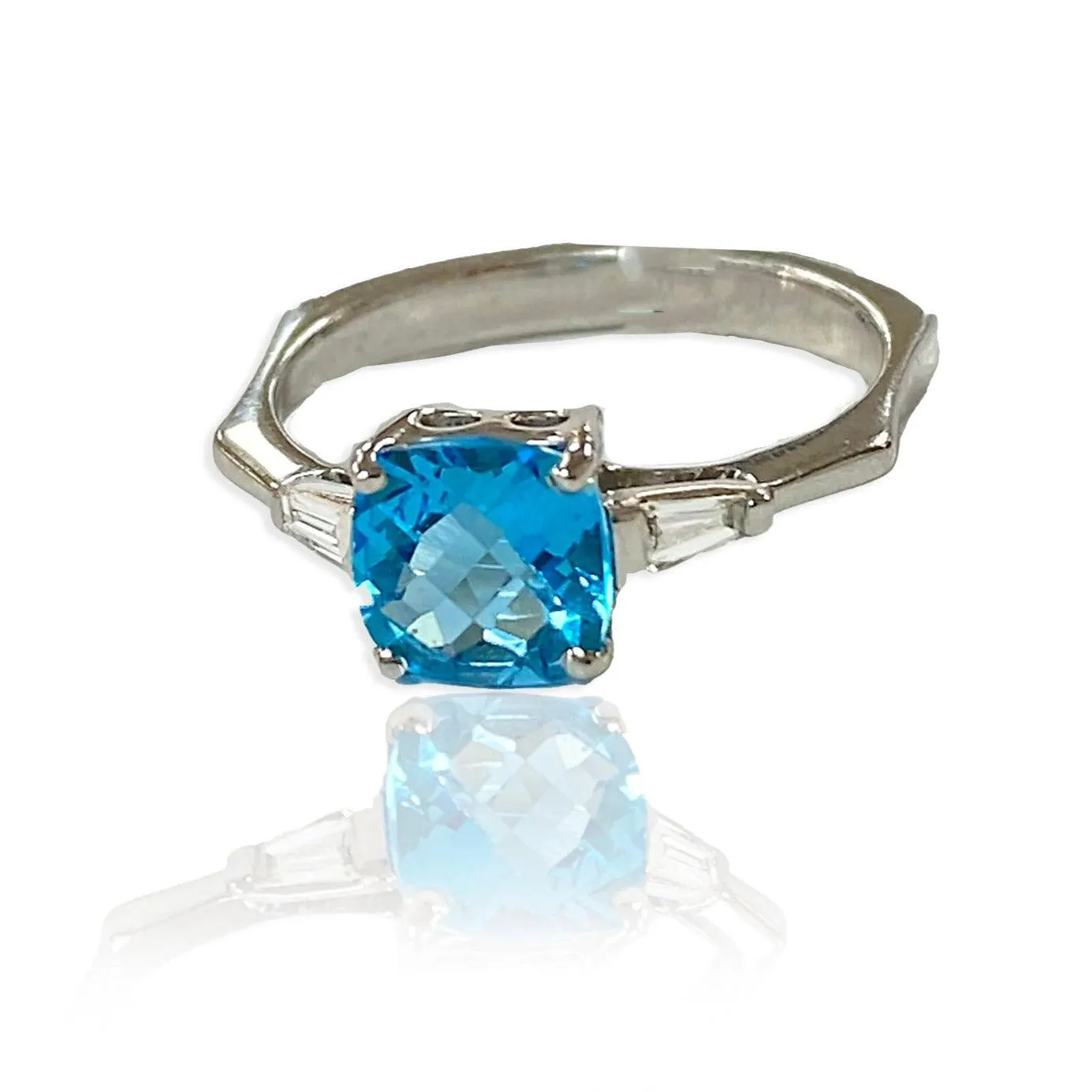 Cushion Blue Topaz and Diamond Baguette Ring