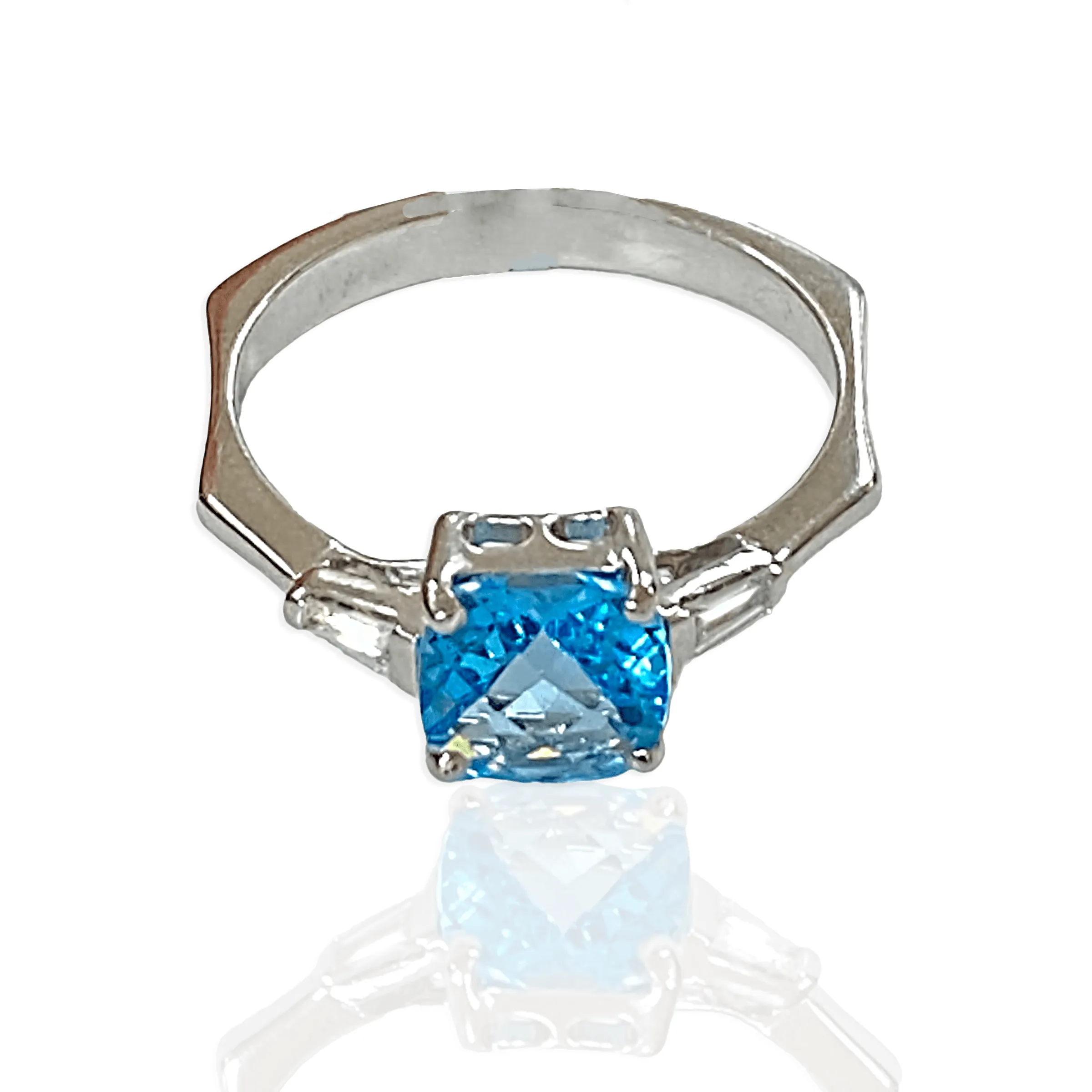 Cushion Blue Topaz and Diamond Baguette Ring