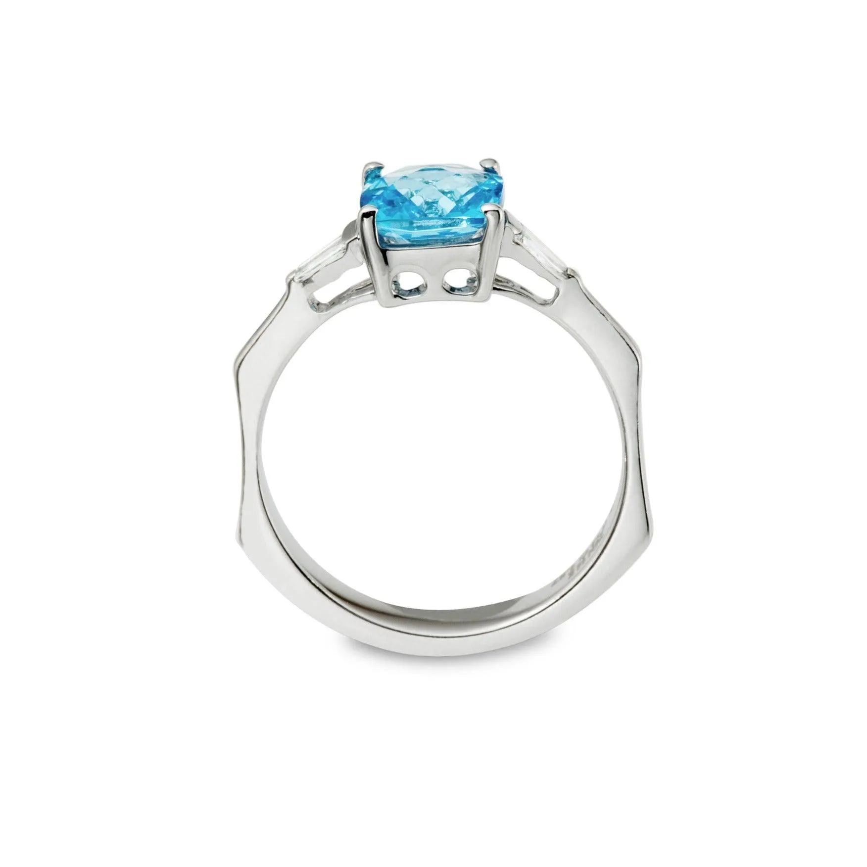 Cushion Blue Topaz and Diamond Baguette Ring