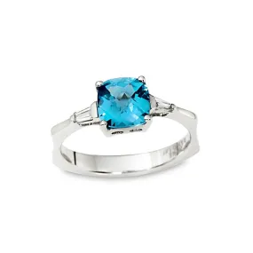 Cushion Blue Topaz and Diamond Baguette Ring