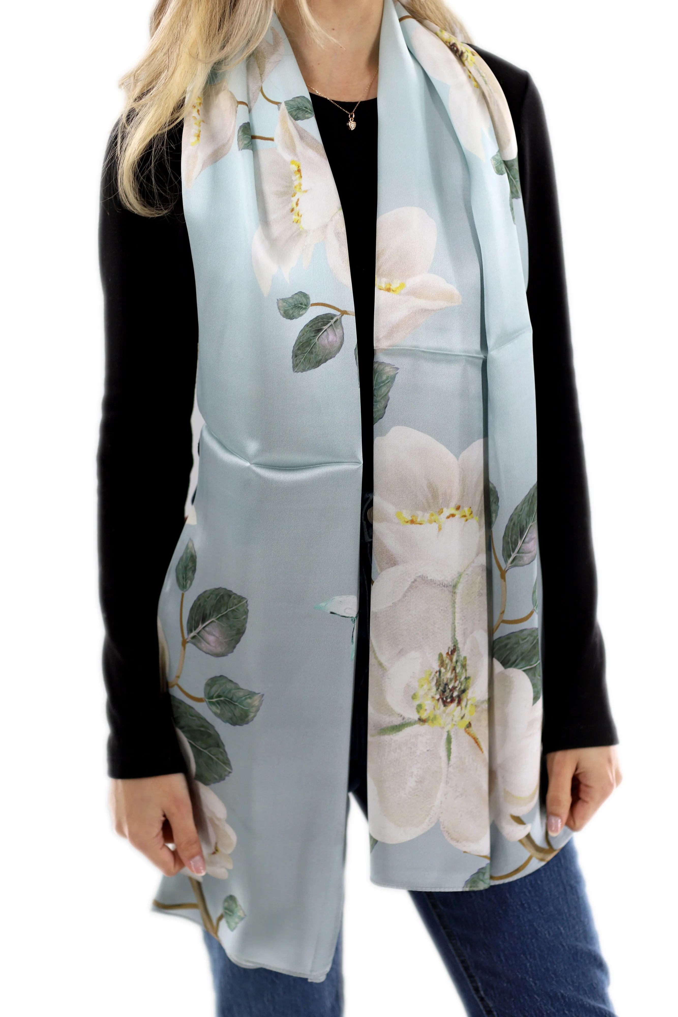 Elegant 100% Silk Floral Print Scarf - Light Green - One Size (38x30in)