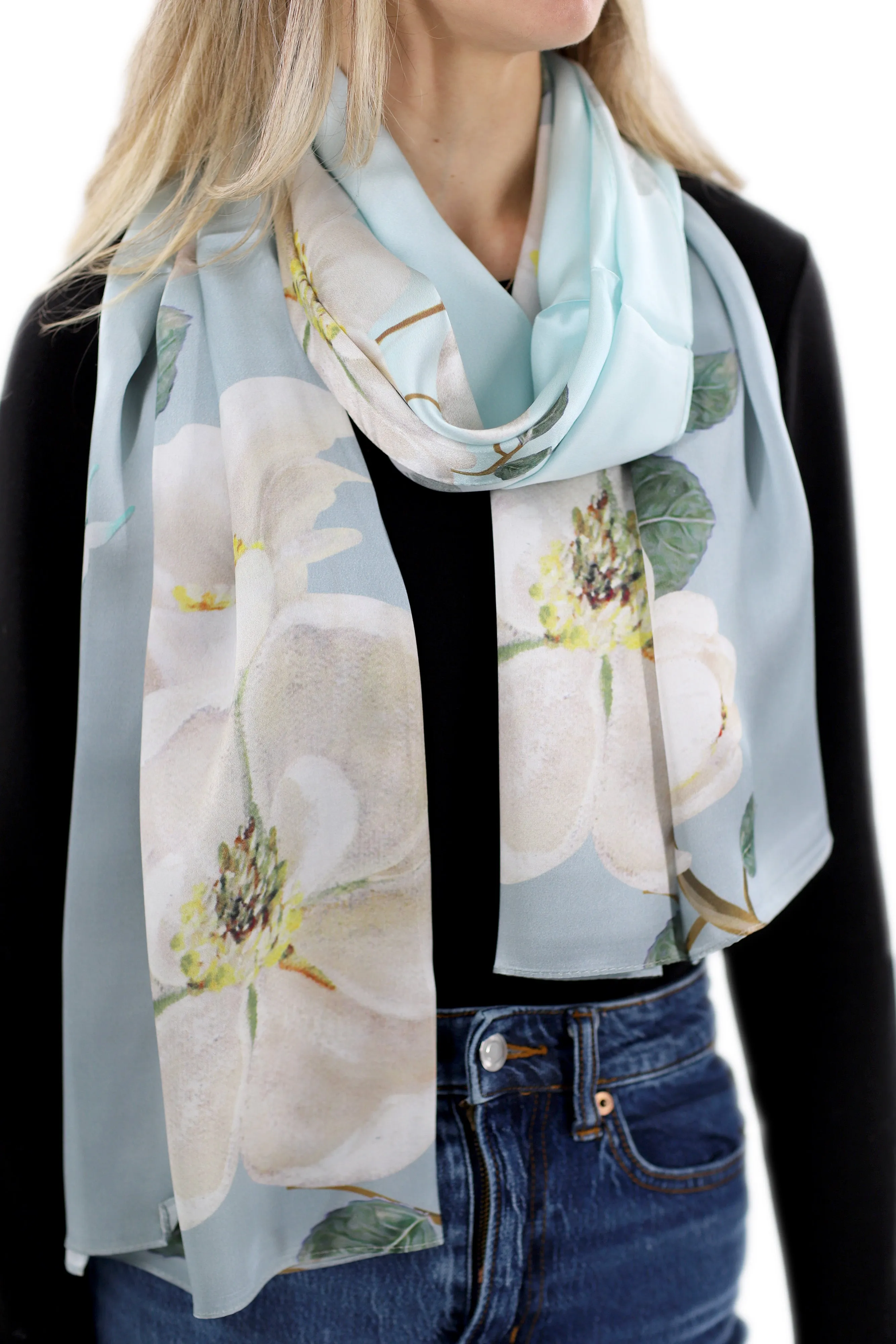 Elegant 100% Silk Floral Print Scarf - Light Green - One Size (38x30in)