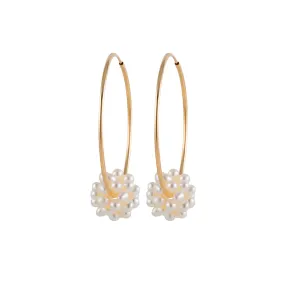 Endless Gold Hoop Earrings with a Cluster of Pearls