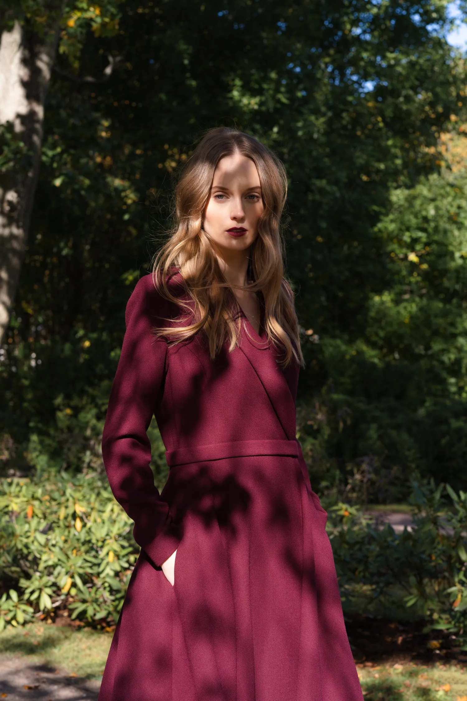 EPHEDRA BURGUNDY WOOL CREPE COAT DRESS