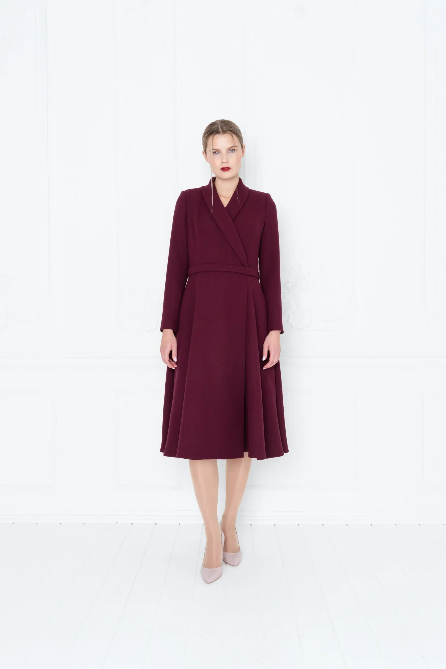 EPHEDRA BURGUNDY WOOL CREPE COAT DRESS