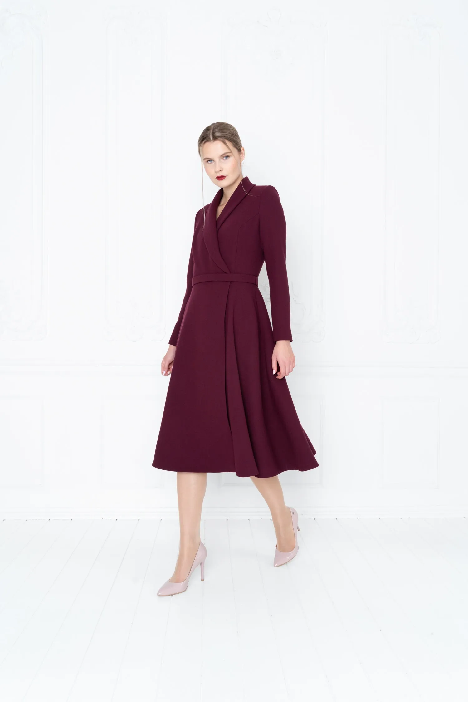 EPHEDRA BURGUNDY WOOL CREPE COAT DRESS