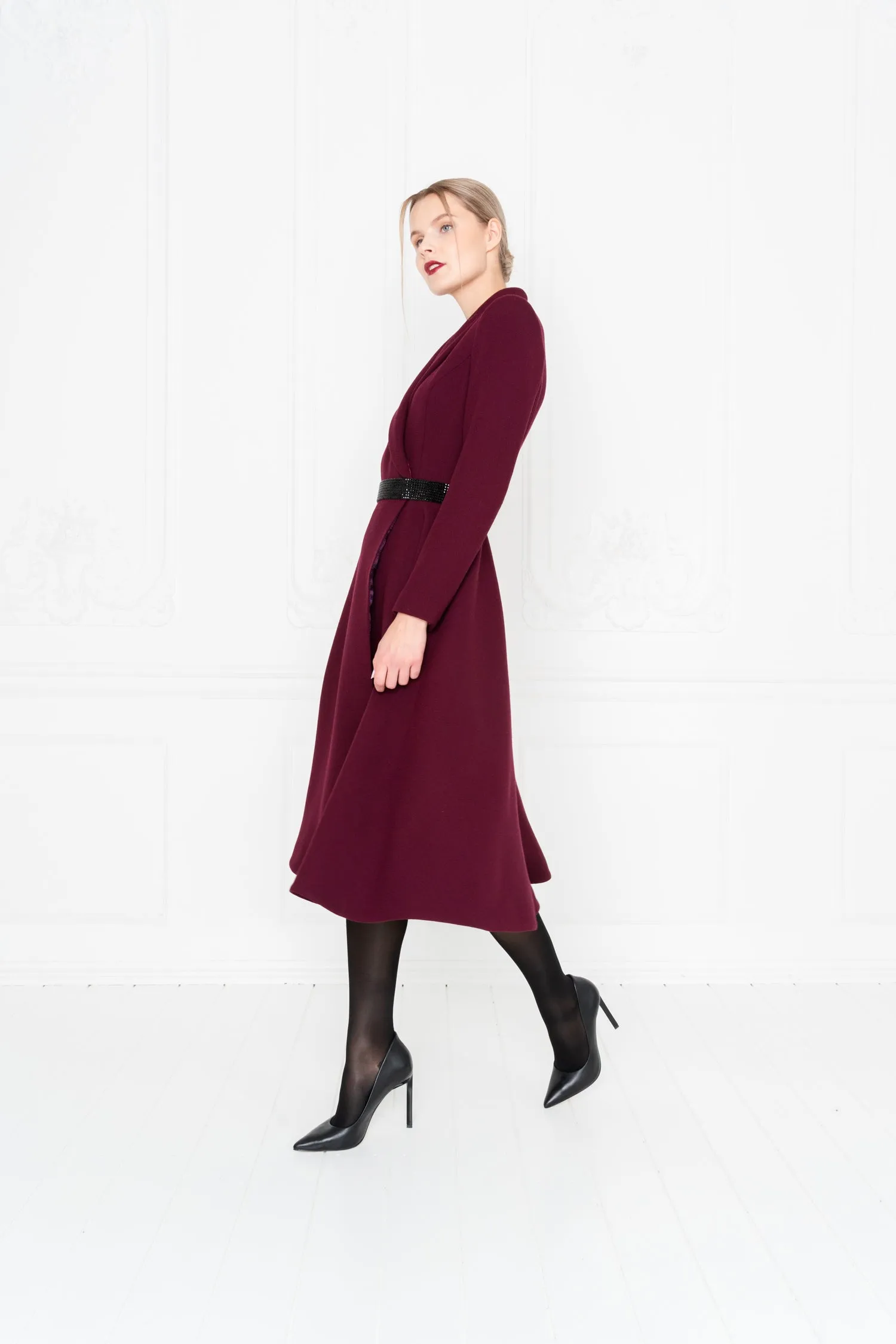 EPHEDRA BURGUNDY WOOL CREPE COAT DRESS