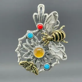 Estate Bixby SS Brass Multi-Gemstone Bee Enhancer Pendant