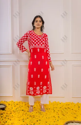 Fizaa Red Modal Angrakha Style Kurta in Modal Cotton