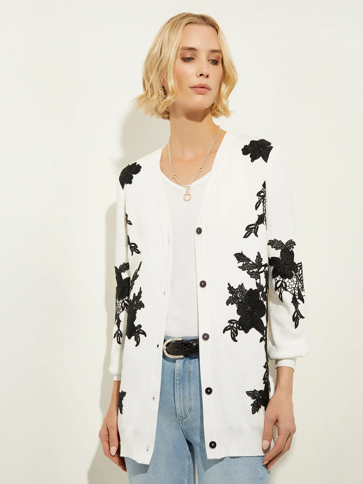 Floral Applique Recycled Knit Boyfriend Cardigan