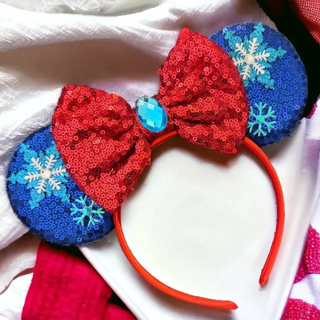 Frozen Inspired Mouse Ears Headband with Blue Sequin Bow - Elsa & Anna Design