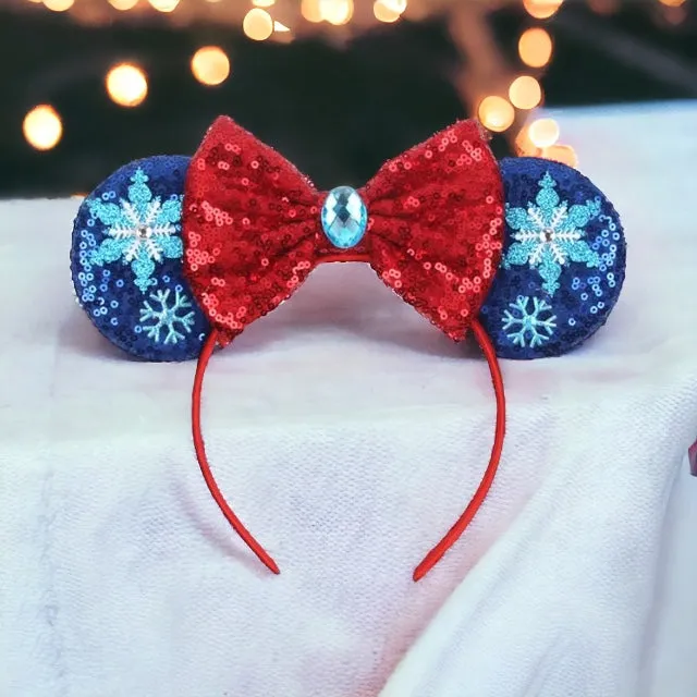 Frozen Inspired Mouse Ears Headband with Blue Sequin Bow - Elsa & Anna Design