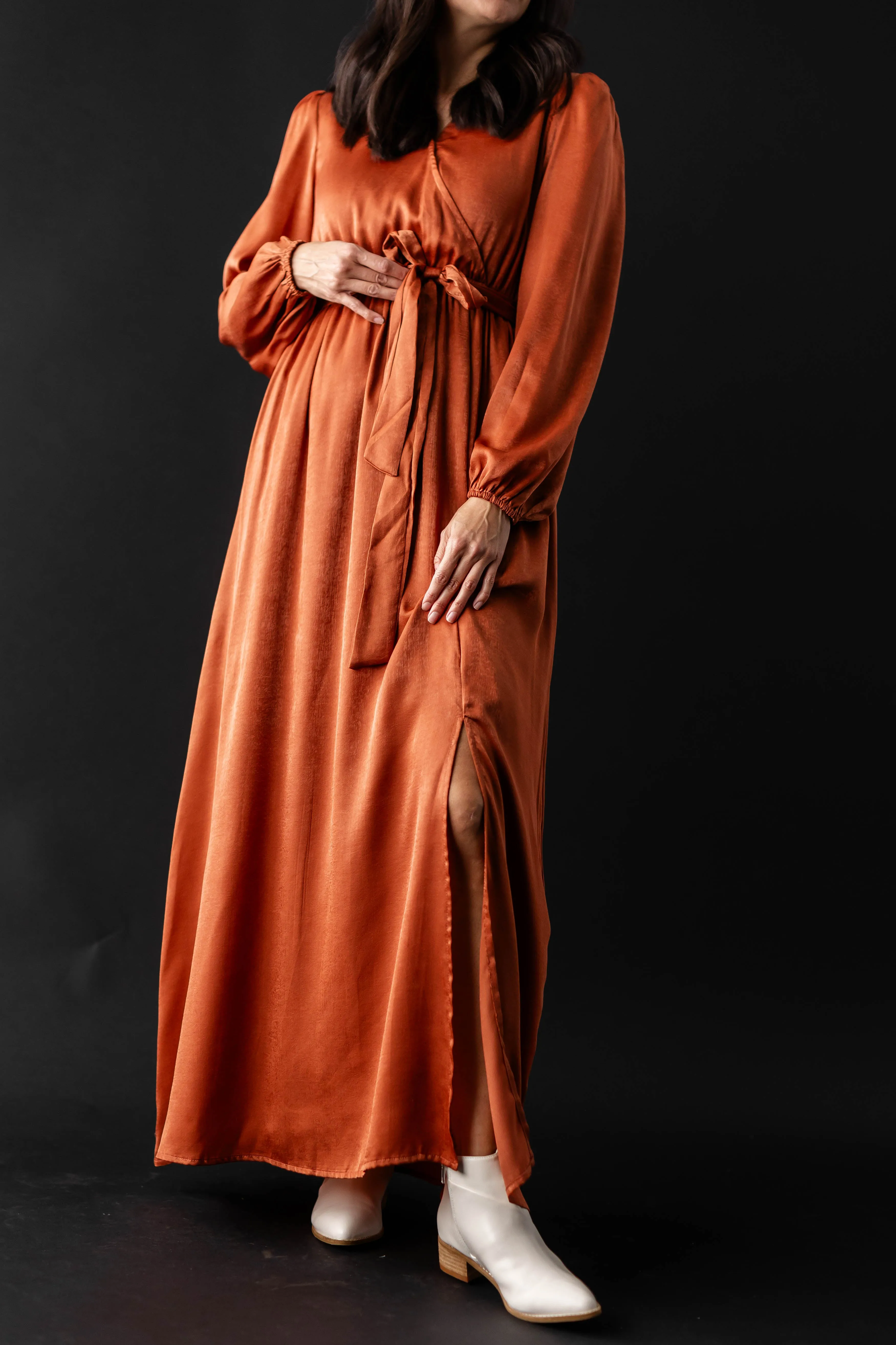 'Guinevere' Brushed Satin Surplice Dress in Rust FINAL SALE