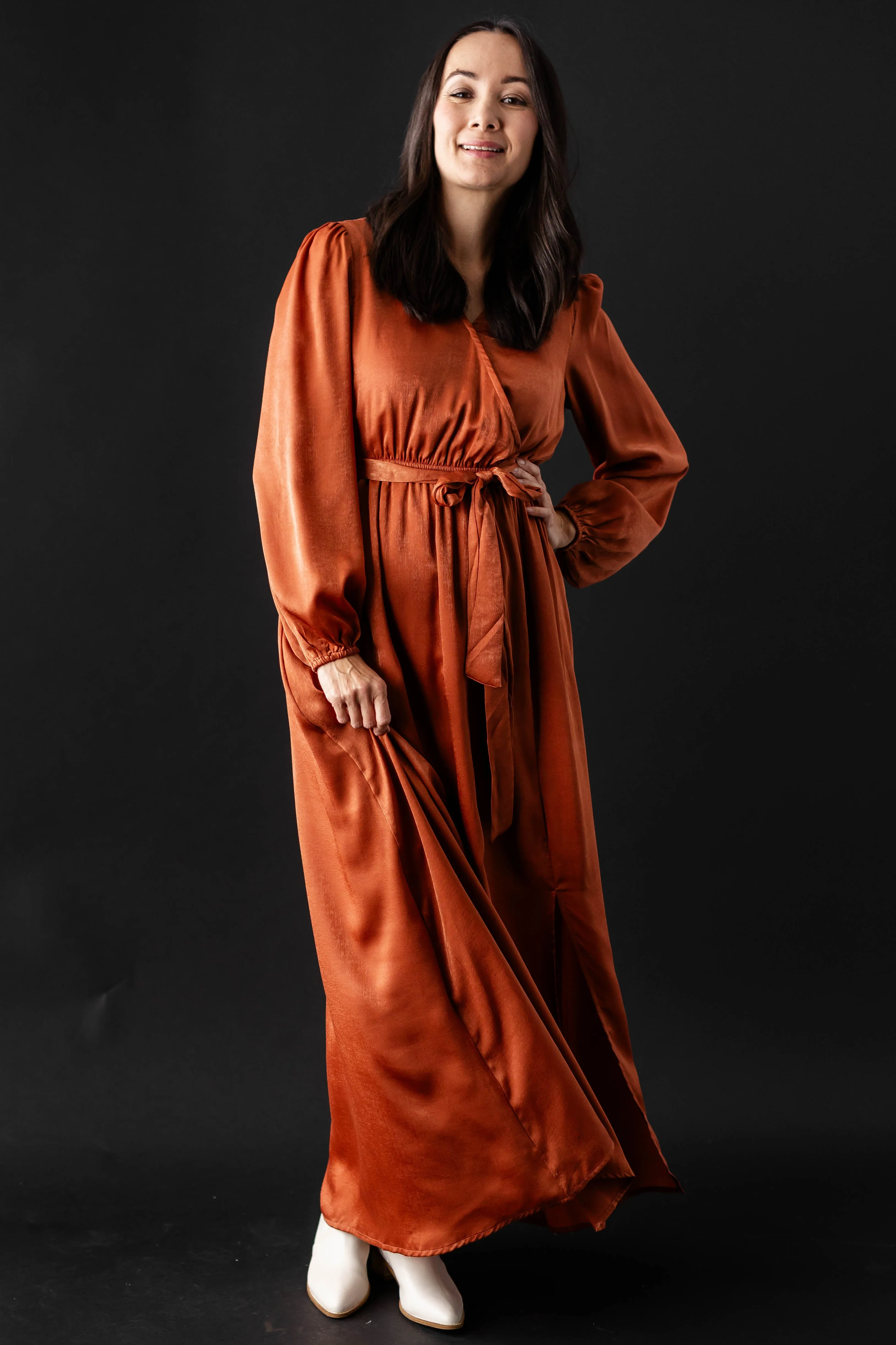 'Guinevere' Brushed Satin Surplice Dress in Rust FINAL SALE