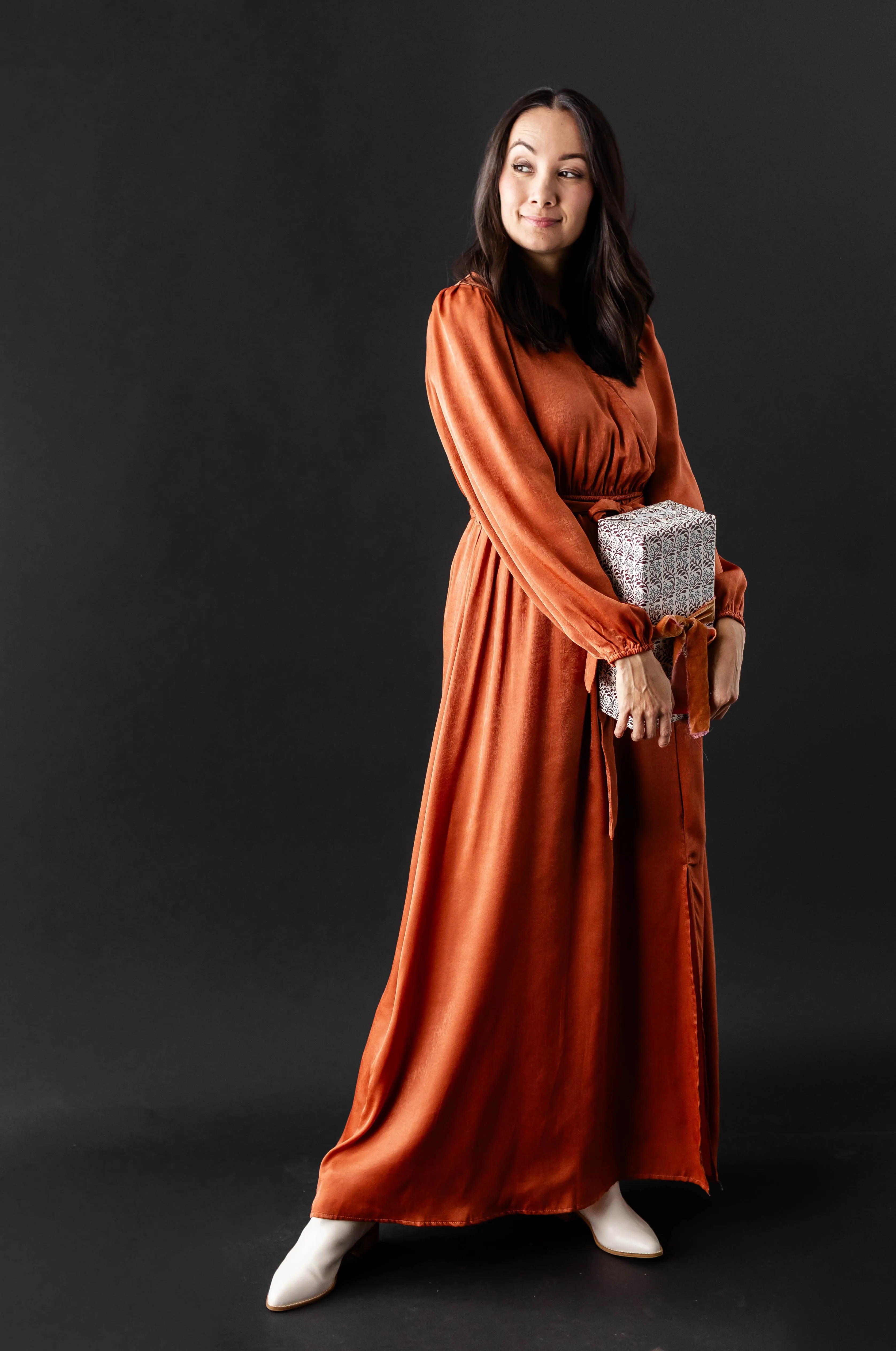 'Guinevere' Brushed Satin Surplice Dress in Rust FINAL SALE