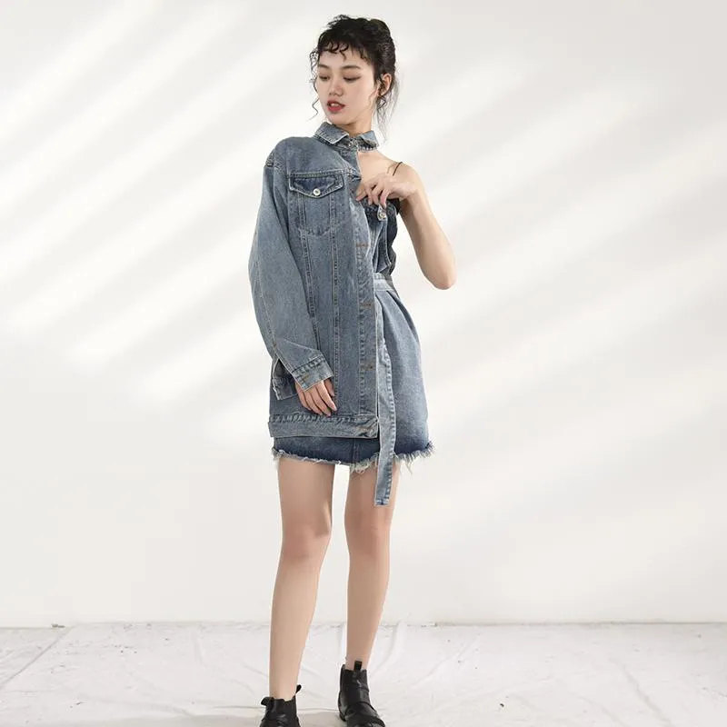 Ichika One Sided Long Sleeve Denim Jacket Dress Set