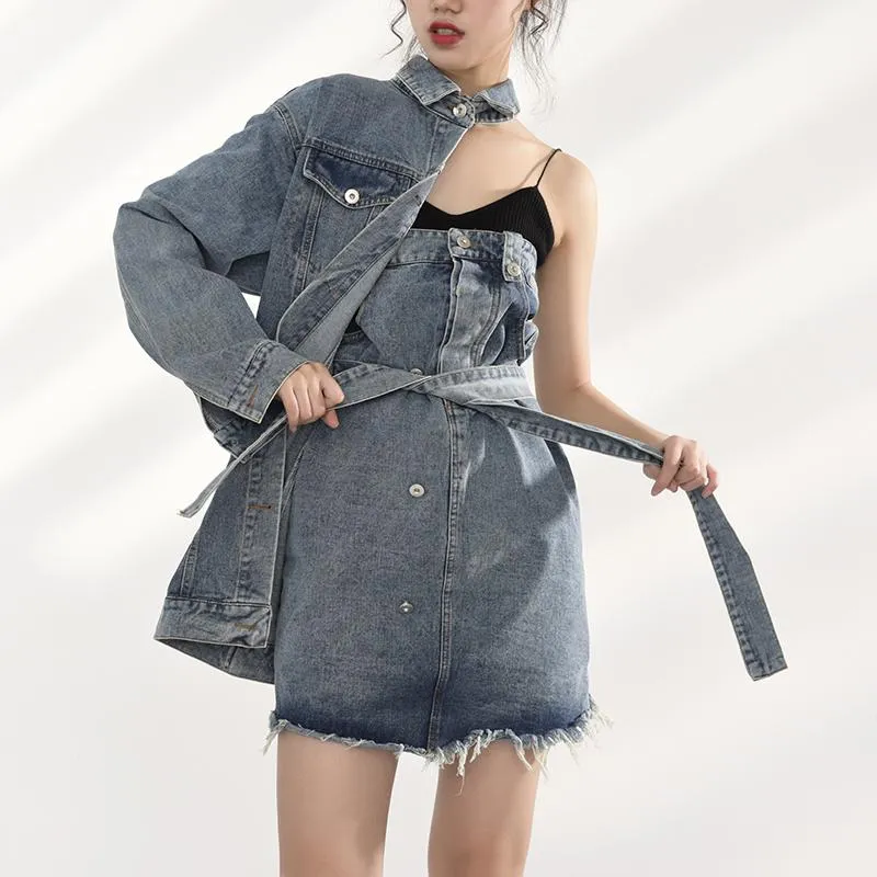 Ichika One Sided Long Sleeve Denim Jacket Dress Set