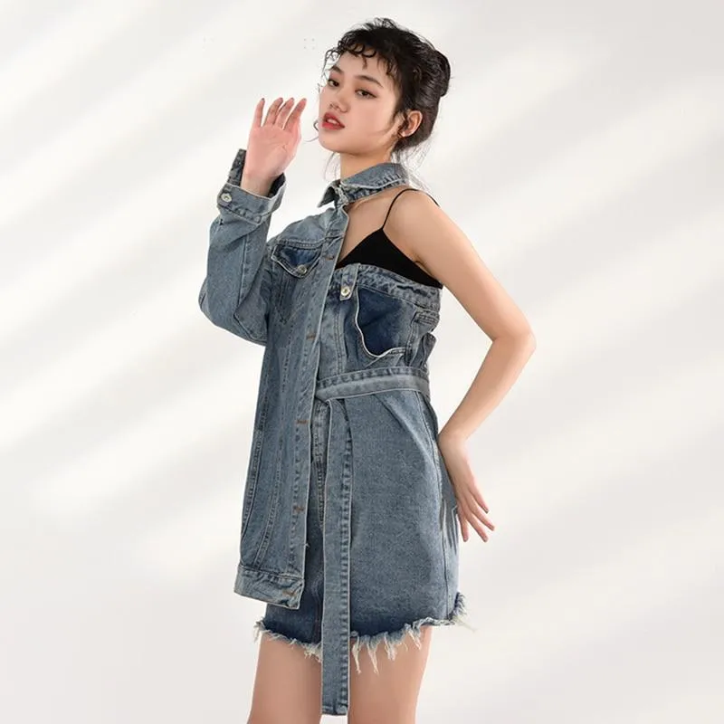 Ichika One Sided Long Sleeve Denim Jacket Dress Set