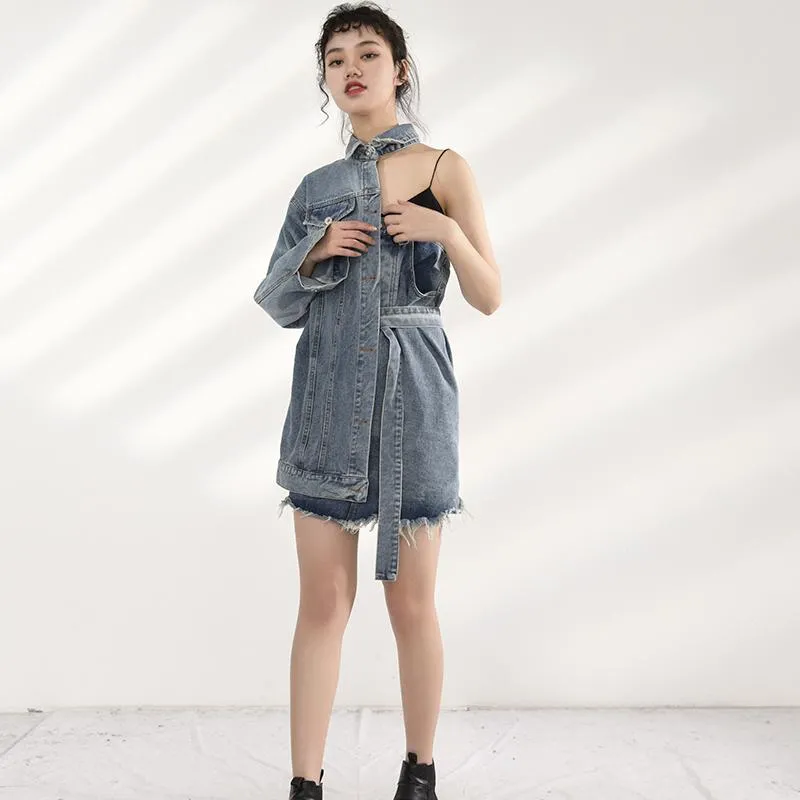 Ichika One Sided Long Sleeve Denim Jacket Dress Set